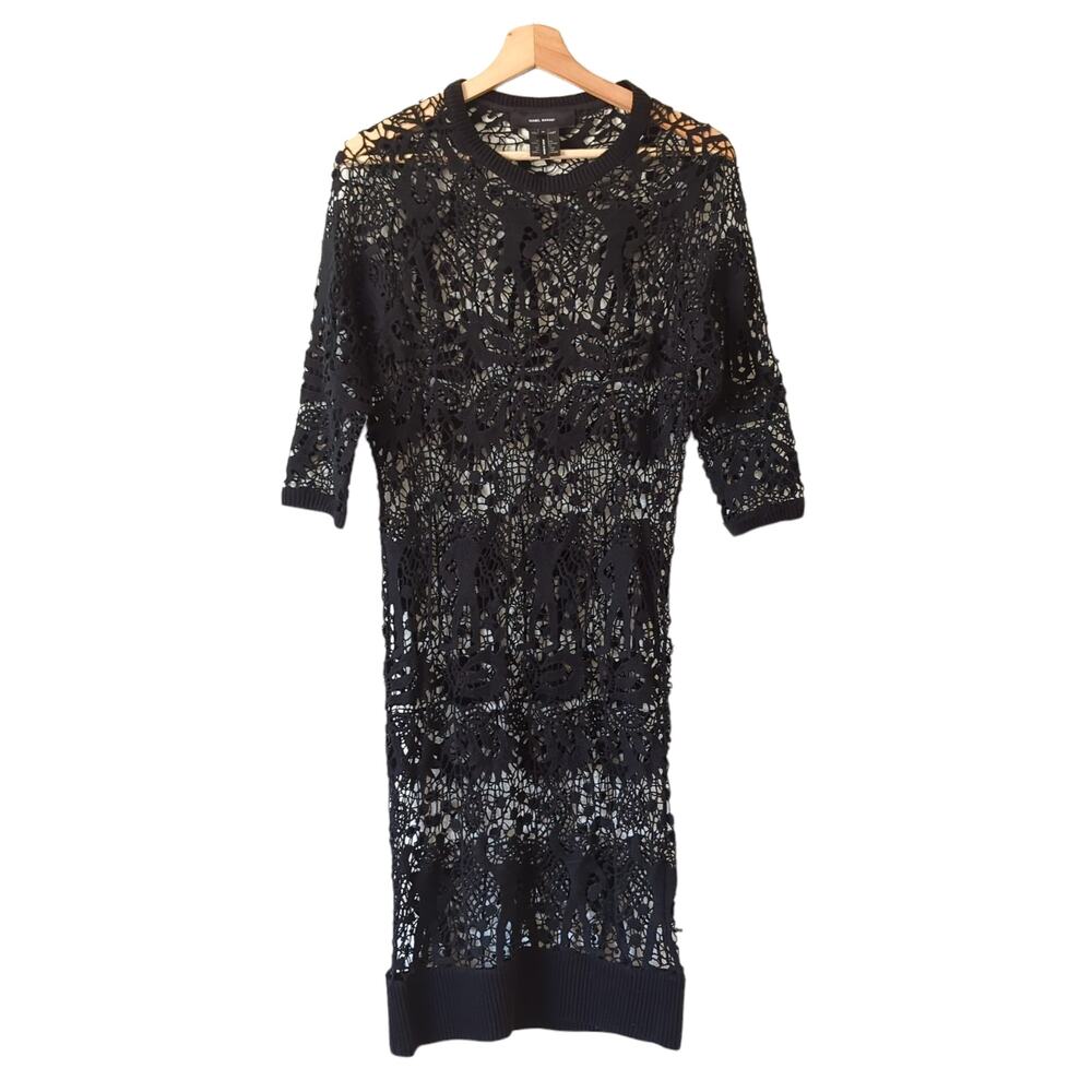 Isabel Marant Womens Dress Lace Cut Out Crochet Black Midi Length Size 36 US 4